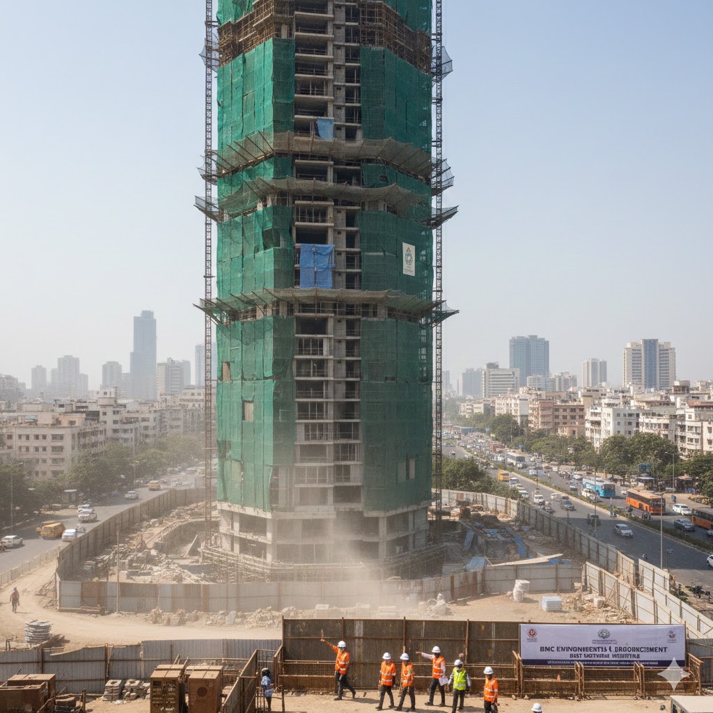 BMC officials inspect the Prestige Towers construction site in Mumbai after issuing a stop-work notice for alleged violations of air pollution control norms.