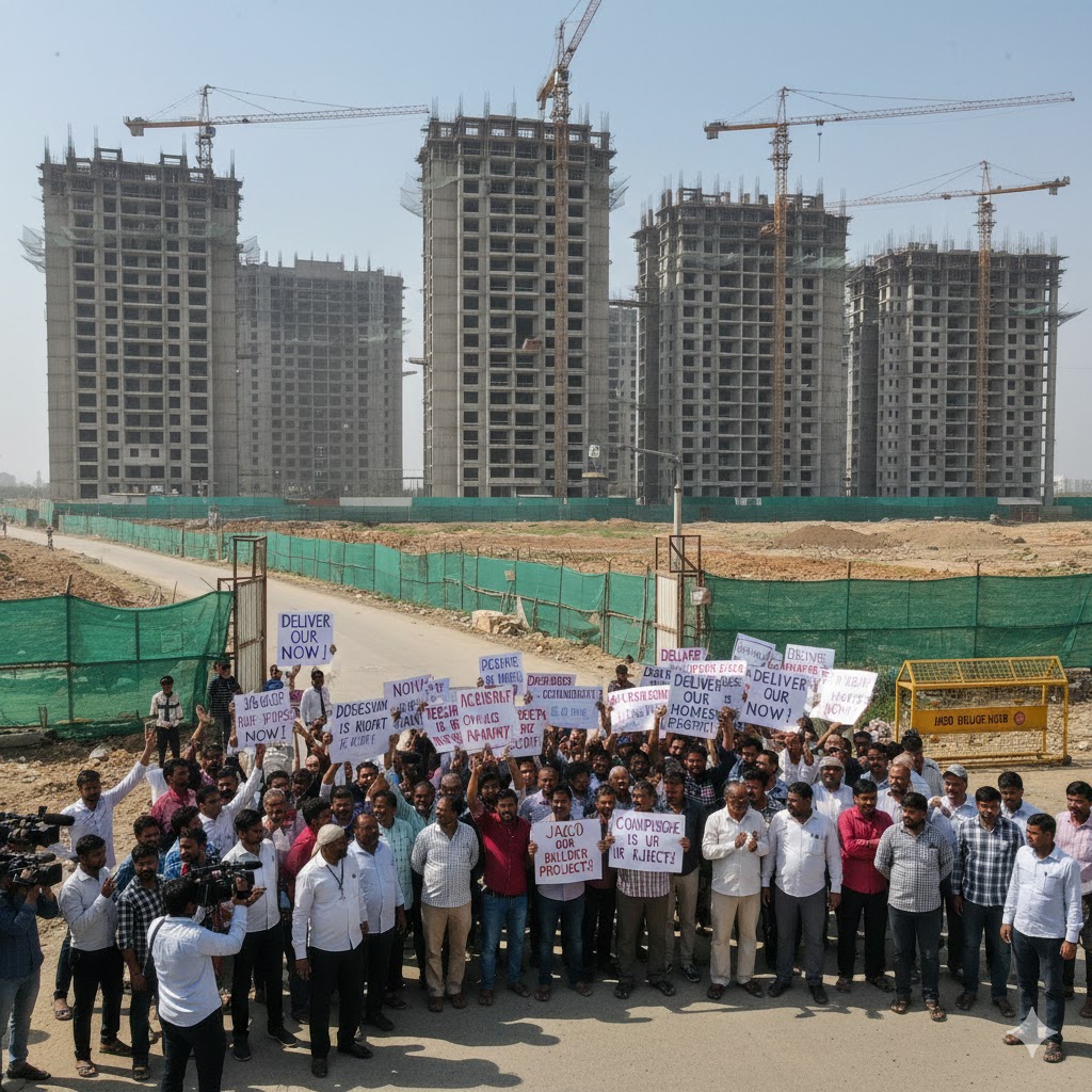 Homebuyers of the Capital Gateway project protest outside the stalled residential site in Gurugram, demanding faster delivery and regulatory accountability.