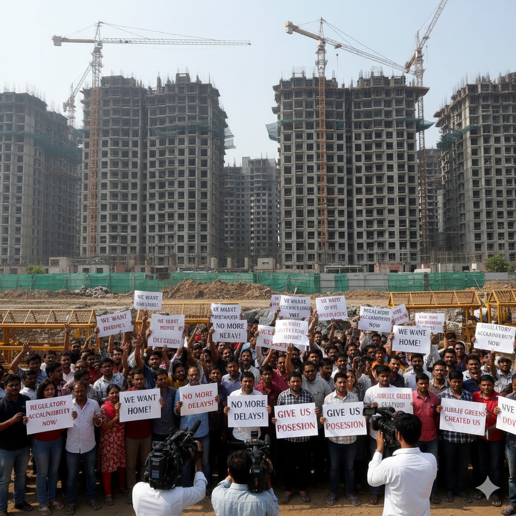 Homebuyers of the Capital Gateway project protest outside the stalled residential site in Gurugram, demanding timely possession and a probe into alleged regulatory lapses.
