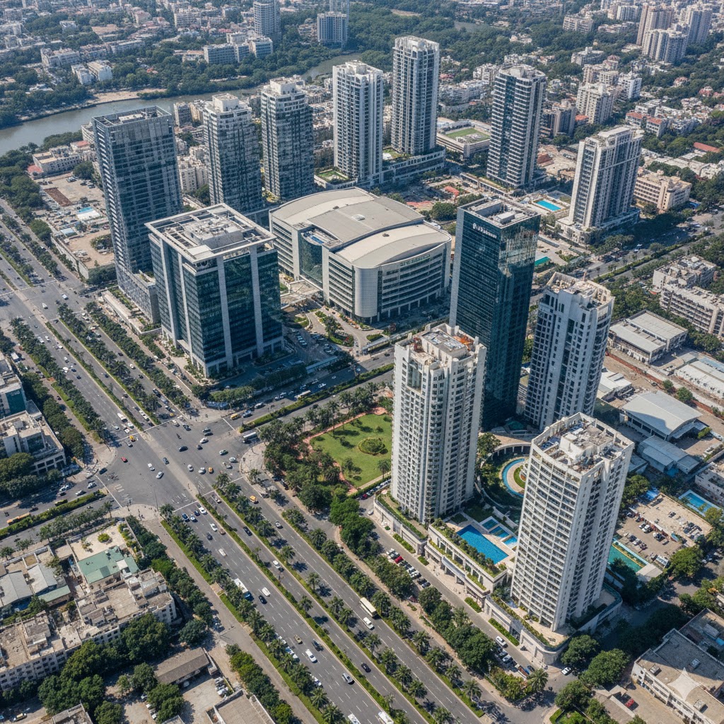 Aerial view of Bandra Kurla Complex (BKC), Mumbai, where MTNL has approved the sale of a residential block to NABARD for ₹350.72 crore.