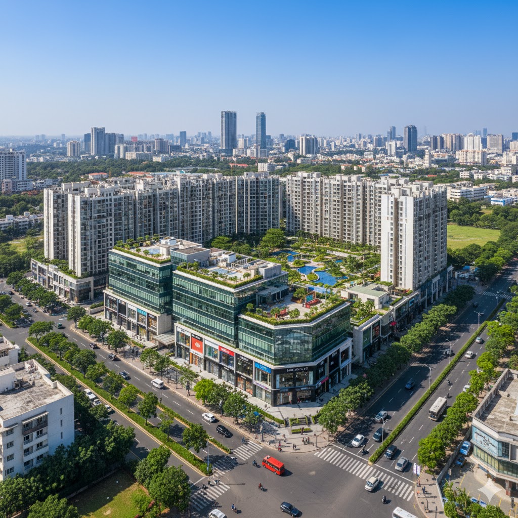 Aerial view of Concorde Mayfair in Yelahanka, where Concorde plans to invest ₹125 crore to develop a new commercial block spanning 2.51 lakh sq ft.