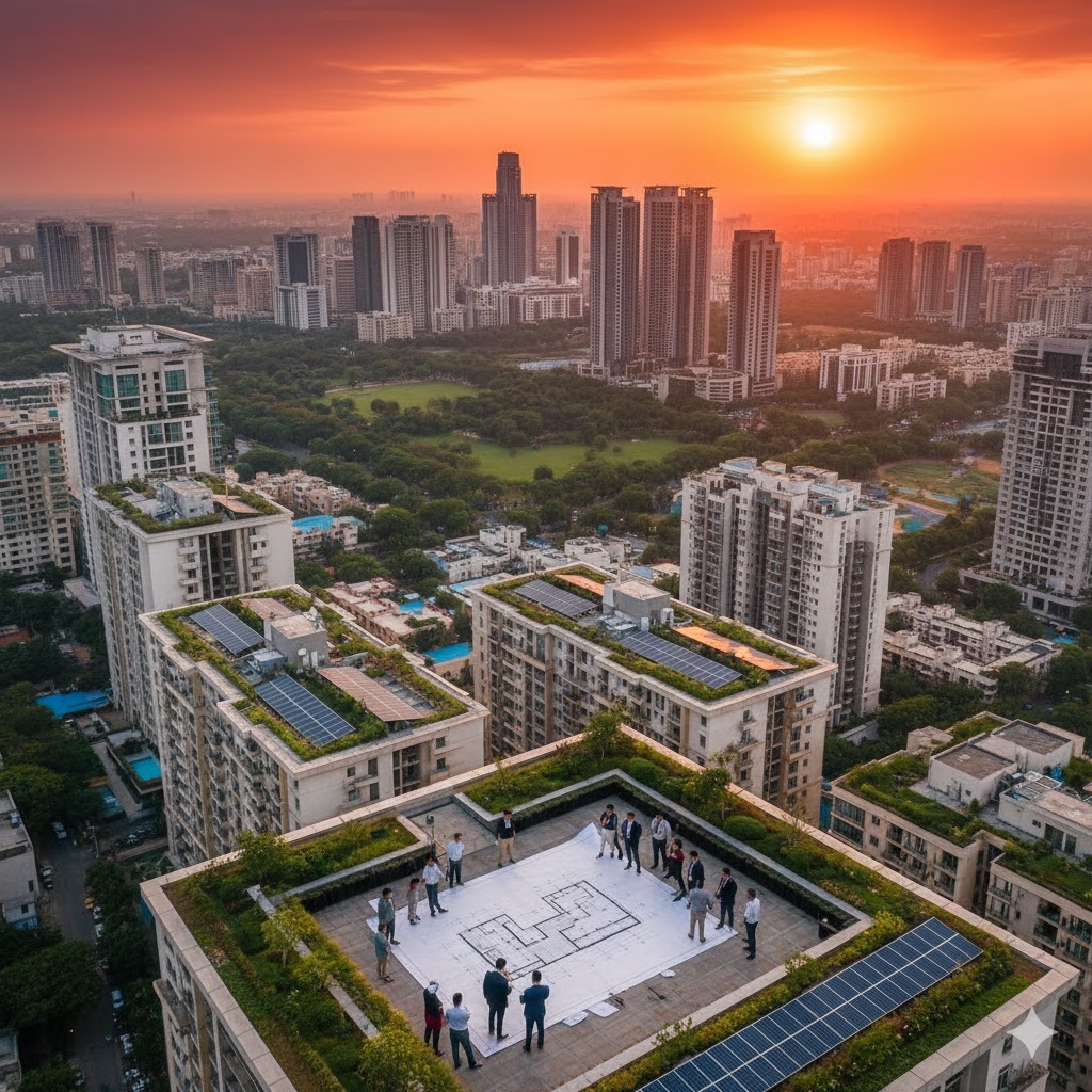 Gurugram’s skyline with new green roofs and climate-friendly design elements under the city’s first Cooling Action Plan to fight rising heat and energy demand.