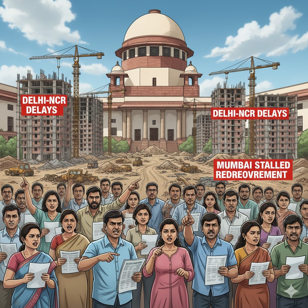 Homebuyers protest delays as the Supreme Court highlights rising real estate disputes in Delhi-NCR and Mumbai.