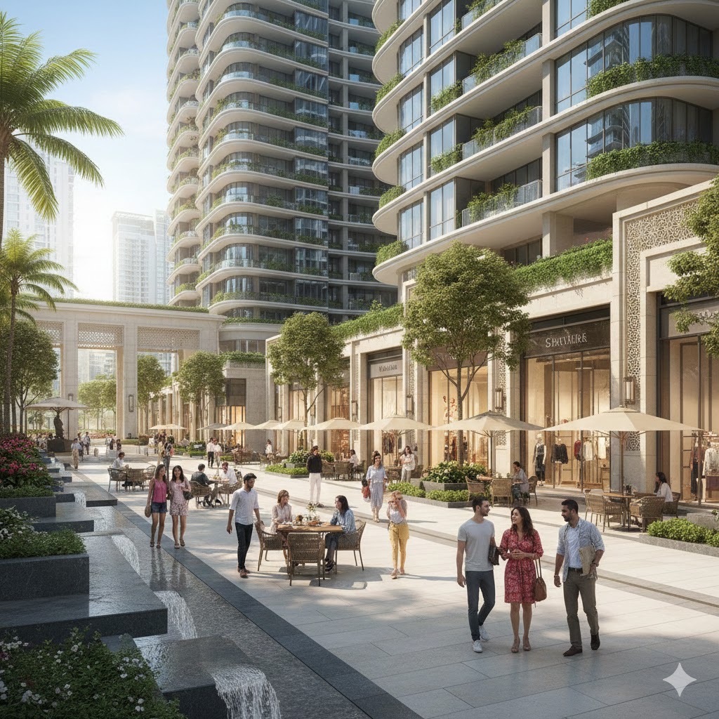 A modern luxury residential development integrating high-street retail and lifestyle spaces, redefining urban living in India.