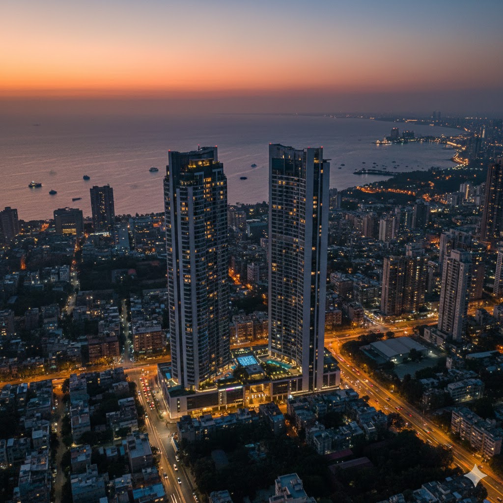 Raheja Artesia towers at sunset: the heart of Mumbai’s luxury residential skyline where Ideal Cures’ promoters purchased two premium apartments.