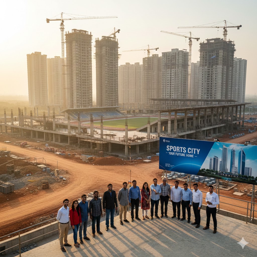 Homebuyers express relief outside the Noida Sports City construction site in Sector 150 after the Noida Authority issues a conditional occupancy certificate following a Supreme Court directive.